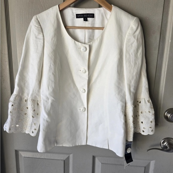 $240 Nipon Boutique Linen Blend Blazer Jacket Women 6 Lace Flare Sleeve Eyelet - Picture 4 of 14